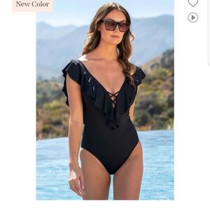 Island Goddess Ruffle Plunge One Piece - Black NWT